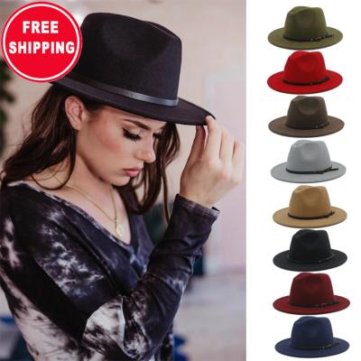 China Lady's Women's Elegant Woolen Fedora Hat Winter Autumn Jazz Caps Wholesale Wide Brim Solid Color for sale