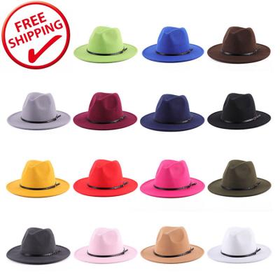 China Fashionable Elegant Woolen Solid Color Fedora Hats Women Wholesale 2021 Lady's Jazz Caps Wholesale Wide Brim for sale