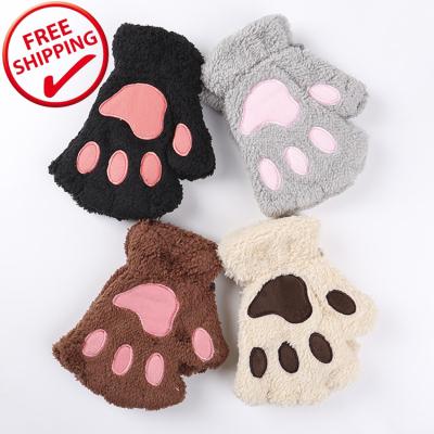 China Half-Finger Gloves Christmas Halloween Women Support Cat Paw Claw Winter Gloves Fur Faux Plush Kitten Fingerless Mittens Gloves Cute For Women Girls for sale