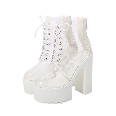 China Waterproof Most Popular Lace Up Transparent PVC Heels Clear And White Waterproof Clear Heel Sepatu Boots Transparan Ladies Platform Boots for sale