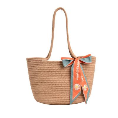 China Fashion Wholesale Straw Bags European Style Silk Scarf Bucket Bag Bolsa De Paja Elegant Tote Handbags Women Shoulder Bags for sale