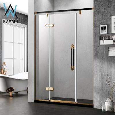 China Modern Luxury Aqua 3 Panels Bathroom Shower Door Gold Glass Bifold Door Adjustable Kamali Hinge Frame Bath Shower Enclosure for sale