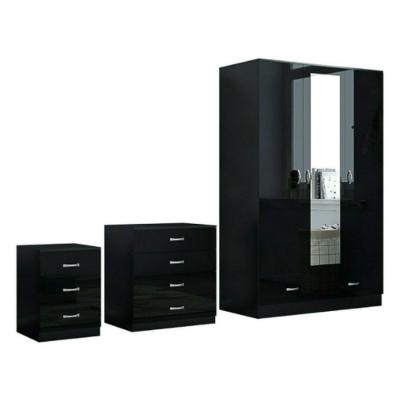 China BLACK HIGH GLOSS BEDROOM FURNITURE 3 DOOR high gloss REFLECTED SOFT NARROW WARDROBE, CHEST & BEDSIDE for sale