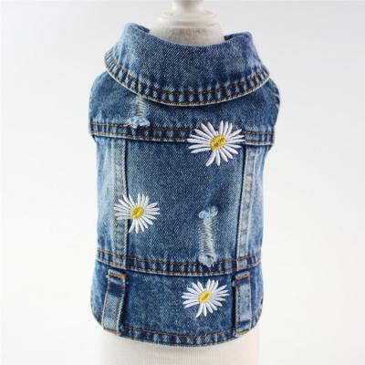 China 2020 new viable fashion ripped holes dog denim clothes three flowers daisy embroidered dog denim jackets for sale