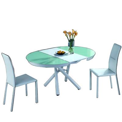 China Expandable 105cm Diameter Convertible Light Blue Tempered Glass Dining Table Set for sale