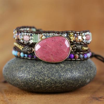 China Natural Stone BOHEMIA Rhodochrosite Wrap Bracelet Leather Multi Color Bohemian Beads Crystal Weaving Bracelet Wrap Bracelet G for sale