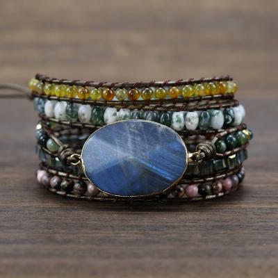 China 2020 New BOHEMIA Leather Labradorite Charm Bracelet Women Vintage Wrap Bracelet Boho Gift Dropshipping Stone Jewelry for sale