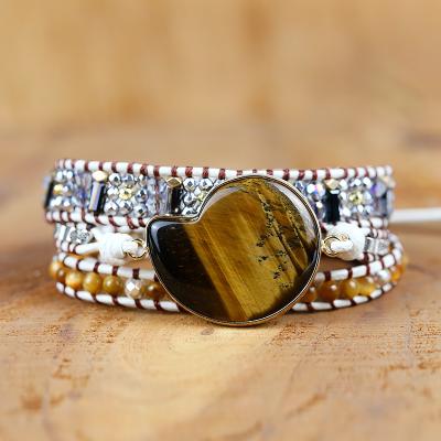 China Boho Tiger Eye Natural Stone Wrap Bracelet with Real Leather and Hematite Beads Healing Reiki Yoga Bracelet for sale