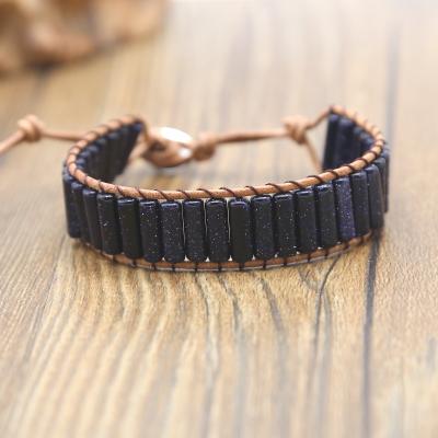 China Natural stone bracelet wrap bracelet boho cylinder bead wrap bracelet blue sand leather beaded leather bracelet jewelry for sale