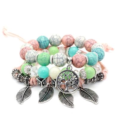 China Women Bracelet Set 3pcs/set Cute Candy Beads Leaf Fox Owl And Tree Charm Bracelets And Bangles Strands Stretch Friendship Bracelets Pack For Women for sale