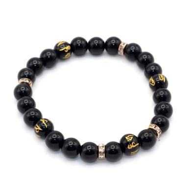 China Natural Stone Bracelet Style 8mm Onyx Om Mani Padme Buzz Tibetan Incantation Beaded Yoga Men Natural Stone Bracelet for sale