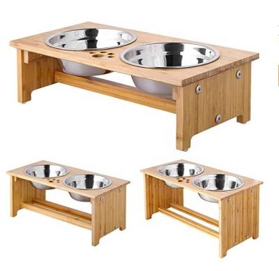 China Automatic Elevated Pet Bowls Cats Dog Cat Food Water Bowls Feeder 2 Stainless Steel Bamboo Elevated Bowls Dog Stand for sale