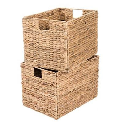 China Sustainable Decorative Hand & Water Woven Hyacinth Wicker Storage Baskets Set Two Baskets 16x11x11 Perfect Shelf Units for sale