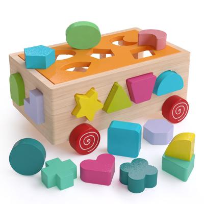 China HOT Assorted Car Geometry Intelligence Car 17 Hole Toy Block Construction Toy Hindrance Tow Truck Children Cognitive Wooden Toys for sale