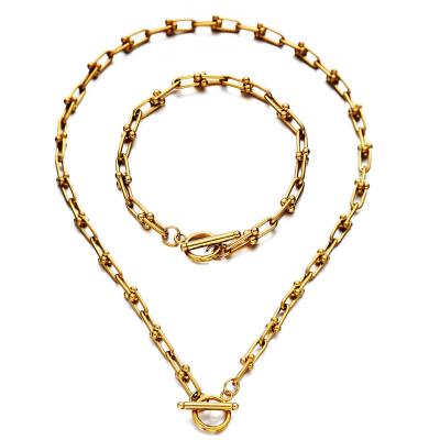 China New Style Punk Wholesale Gold Plated Stainless Steel U Horseshoe Chain Jewelry Sets For Men Toggle Bracelet Necklaces Set for sale