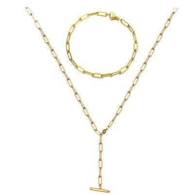 China Simple Punk Style Gold Plated Chain Bracelet Thin Square Stainless Steel Paper Clip Necklace Set for sale