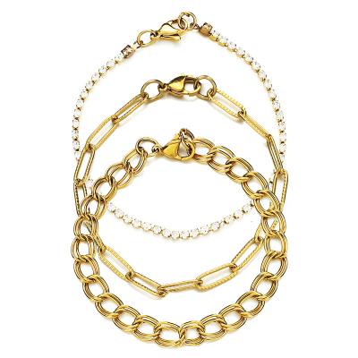 China Hiphop Wholesale 3pcs/set Fashion Gold Plated Stainless Steel Multilayer Charm Link Bracelets For Women for sale