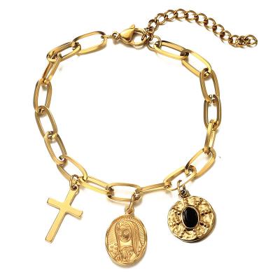 China Vintage Jesus Virgin Mary Cross Pendant Jewelry European Chain Disc Paper Clip Bracelet for sale