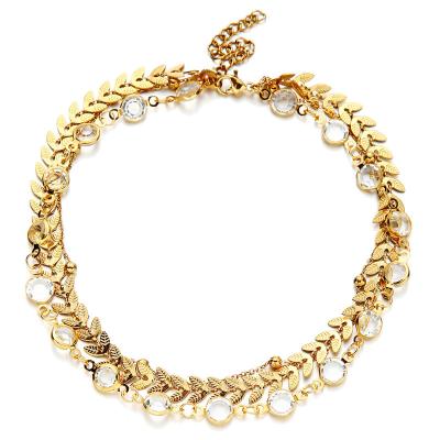 China Fashion Stainless Steel Double Layer Wheat Chain Crystal Anklet Foot Bare Chain Beach Vacation Punk Jewelry for sale