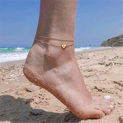 China Beach punk dangle feet charm girl heart stainless steel anklet double layer initial letter nude jewelry for sale