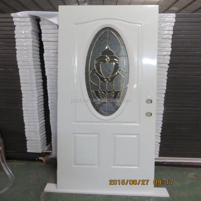 China Heat insulation steel panel door with small oval glass, entrance panel metal door with oval glass insert for sale