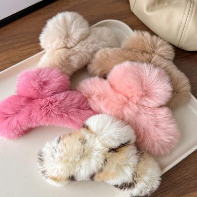 China Hair accessories Autumn&Winter Large Size 11.5cm Shark Clips Fur Warm Pink Color Sweet Fluffy Hair Claw Clips For Woman Girls Hair Accessories for sale