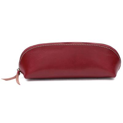 China Vegetable Tanned Handmade Leather Pencil Bag Gift Cowhide Zipper Bag Cosmetic Stationery Customized for sale