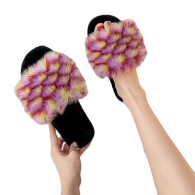 China 2021 Fashion Trend Manufacturer Winter Fashion Fur Slippers For Women Ladies Indoor Fluffy Home Furry Shoe Slipper Wholesale for sale