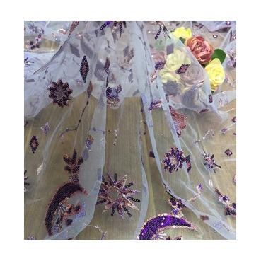 China Hg 1031 Anti-Static Stars And Moon Embroidery Sequin Fabric Designer Large Sequins Lace Up Tulle Fabric for sale