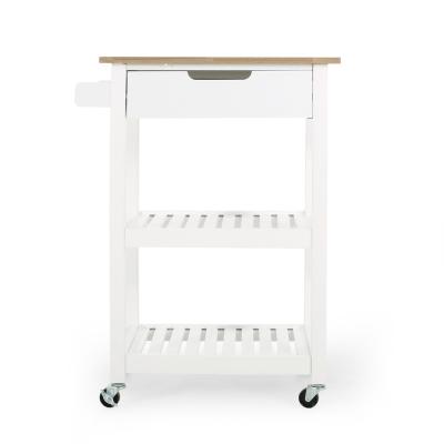 China Customized White Rubber Wood Top Kitchen Furniture Island And Storage Trolley Carts Cabinet With Wheels And 1 Drawer for sale