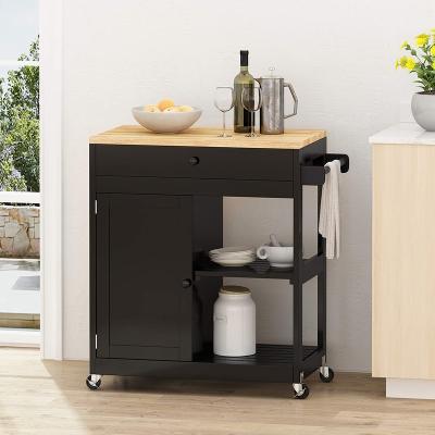 China Customized Kitchen Furniture Island And Cart Storage Carts With Storage Cabinet Rubber Wood Top With Wheels Black for sale