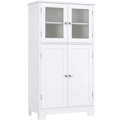 China Customized White Modern Wooden Tall Bathroom Storage Cabinet Floor Standing With 4 Doors Adjustable Shelf for sale