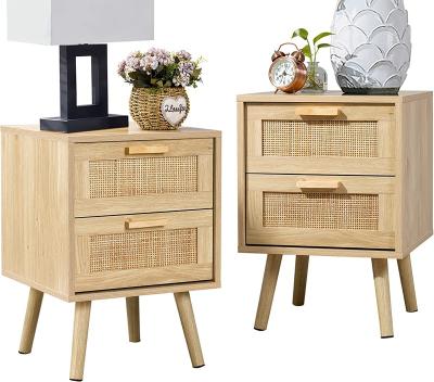 China Customized Rattan Nightstands Set 2 Bedside Table Furniture With 2 Rattan Drawers And Open Space For Bedroom for sale