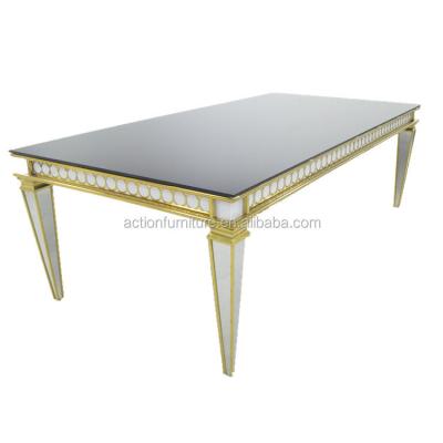 China Laser Cut Event Mirror Rectangle Wedding Banquet Rental Dining Table with Tempered Glass Top for sale