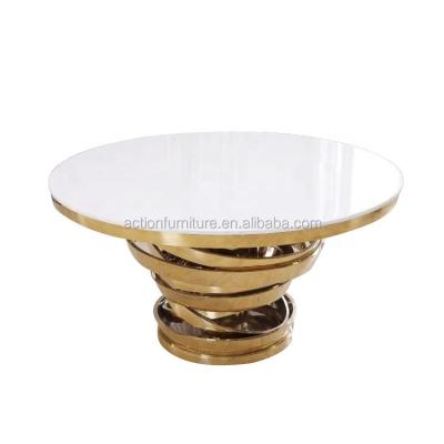 China Laser Cutting Rose Gold or Marble Stainless Steel Base Wedding Event Glass Top Round Dining Table for sale