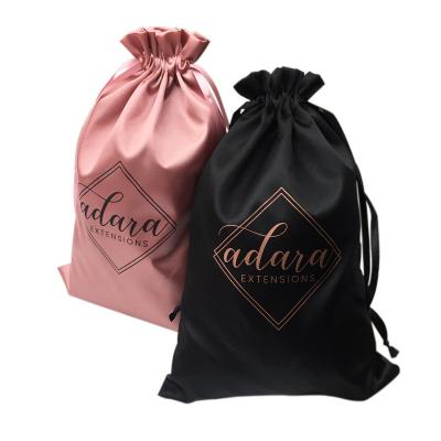 China Custom Langchen Logo Print Pink Gold Silver Black Drawstring Hair Extension Packaging Satin Garment Bags Hair Silk Bags For Package for sale