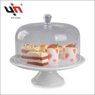 China Sustainable White Ceramic Cake Stand With Glass Dome , Cake Plate With Glass Cover for sale