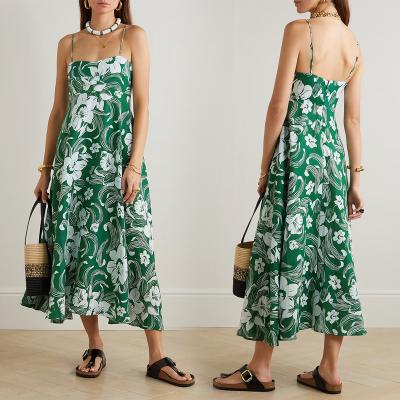 China Washable 2023 summer women beach holiday ladies casual green floral midi dresses for sale