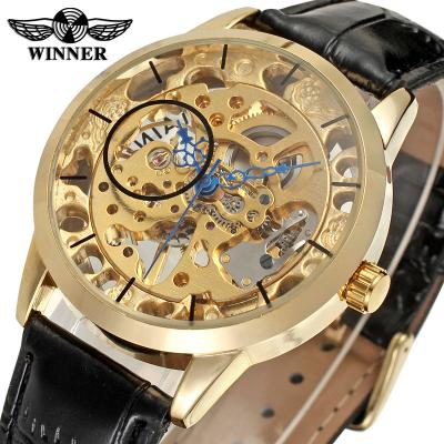 China Top Brand Luxury Casual Men's Brown Leather Strap Winner Waterproof Transparent Gold Case Design Mechanical Skeleton Watch for sale