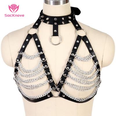 China SacKnove 51155 hot cool female gothic punk studded clothing chest hang temptation and accessories necklace women bondage chain popular bra for sale