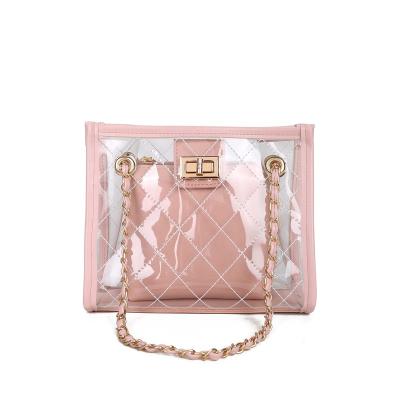 China Wholesale Fashion Candy Transparent Women Handbags With Leather Ladies Shoulder Clear PVC Clips Jelly Fashion Tote Beach Bags for sale