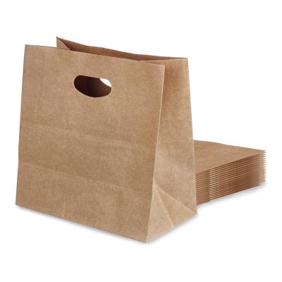 China Recyclable Takeout Die Cut Kraft Paper Handle Tote Bags Grocery Bags Shopping D Cut Paper Bag For Restaurant Bakery Retail for sale