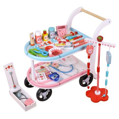 China Simulation Wooden Doctor Game Birthday Gift Trolley Car Cake Cutting Dessert Car Family Dental Toys for sale