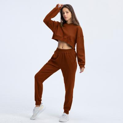 China QUICK DRY Loose Fashion Sports Hoodied Running Sweater 2 Piece Top Frame Set Women's Workout Set for sale