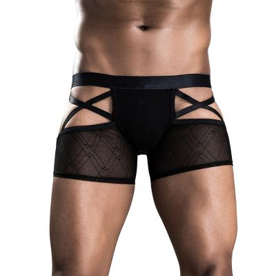 China High Quality Men's Breathable Sexy Boxers Black Mesh Hollow Out Briefs Transparent Gay Men Boxer Lace Sexy Underwear for sale