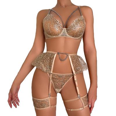 China Valentine's Day Erotic Women's Sexy Lingerie Women's Lace Embroidery 3 Piece Women's Lingerie Underwear Sets for sale