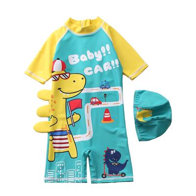 China 2023 Summer Sun Short Sleeve Dinosaur Swimsuit Children Cartoon Breathable Baby Kids Suit With Hat Beachwear One-Piece Swimwear Boys for sale