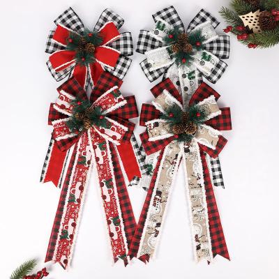 China Christamas Decoration Hot Sale Pine Cone Pine Needle Series Bow Plaid Burlap Piling Bow For Christmas Decoration for sale