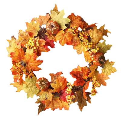 China Beautiful Colorful Thanksgiving Wreath Decorations Pumpkin Wreath Simulation Orange Maple Leaves Sunflowers Fall Harvest Garland For Front Door for sale