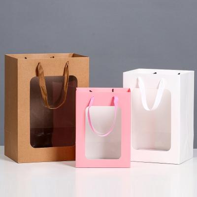 China Hot Selling Whole Sale Paper Recyclable Thank You Gift Bag With Window Transparent Kraft Paper Display Recycled Tote Bag With Handle for sale